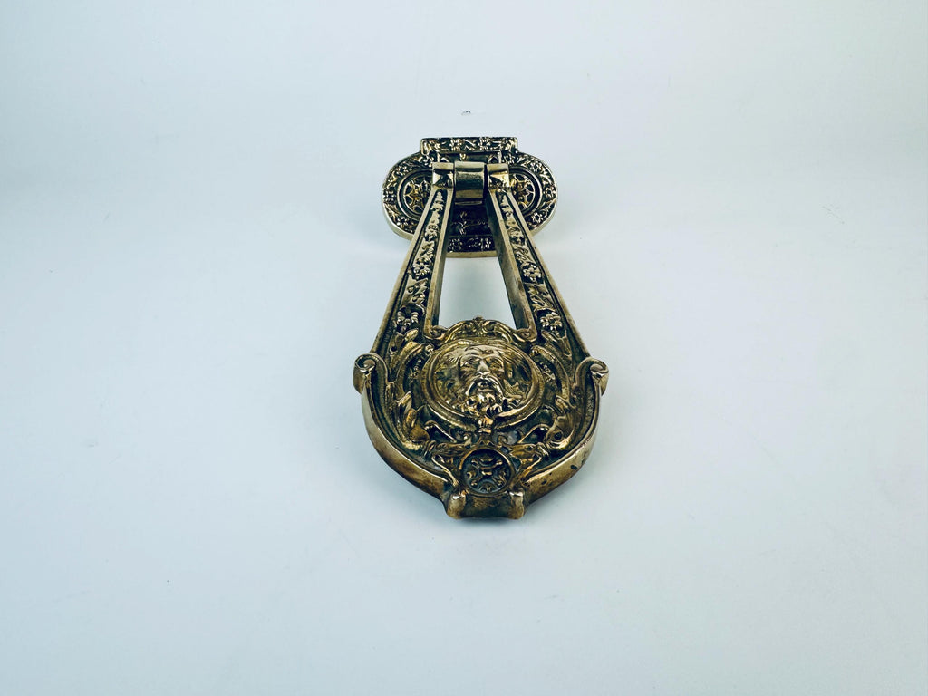 Product image for 'antique english neoclassical brass door knocker classical lyre design with floral and central figure' (view ae8017)