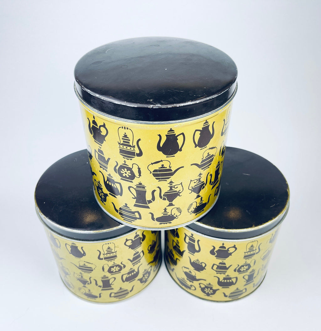 Product image for 'vintage mcm kettle print tea tin canister yellow brown tea pot pattern sold separately' (view a8972a)
