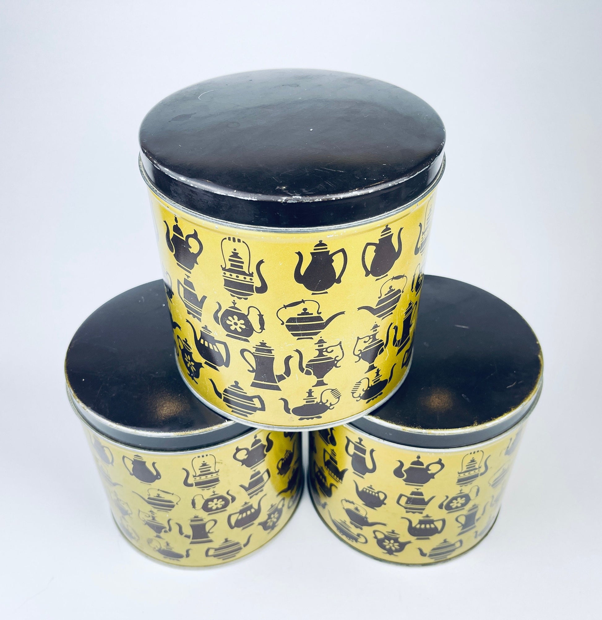 Product image for 'vintage mcm kettle print tea tin canister yellow brown tea pot pattern sold separately' (view a8972a)