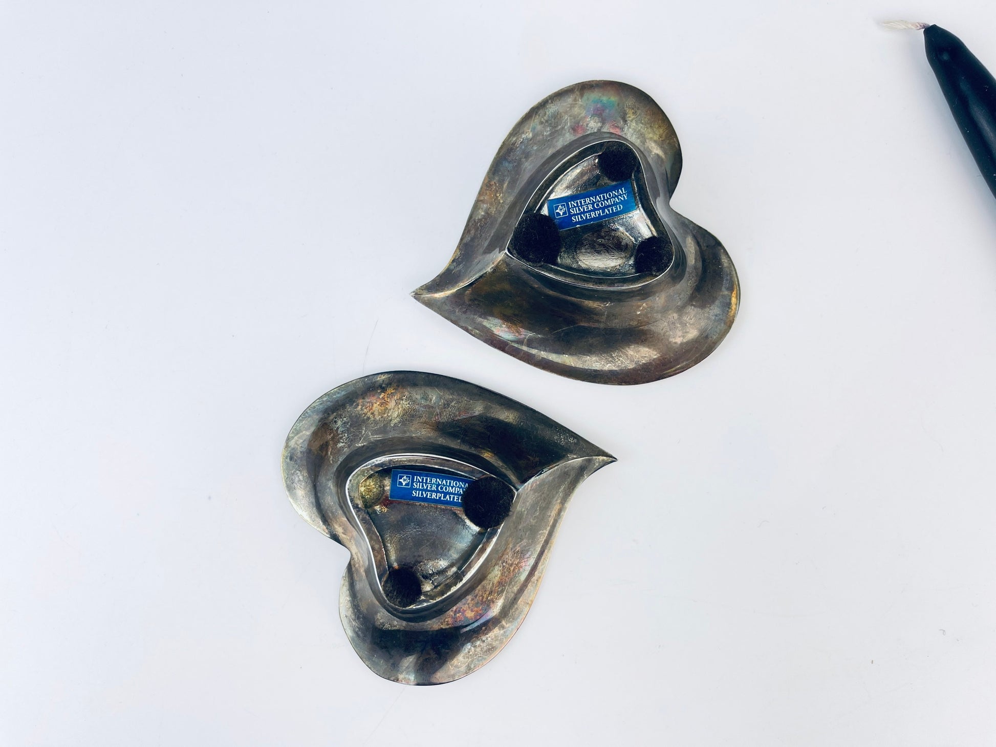 Product image for 'vintage silverplated metal heart tapered candle holder attractive aged metal patina set of two 2' (view fbe778)