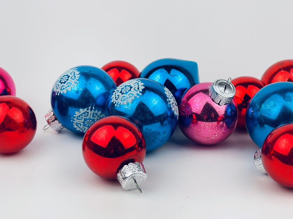 Product image for 'vintage shiny red blue pink glass christmas ornaments set of twelve 12 made in eastern germany' (view ab8b1b)