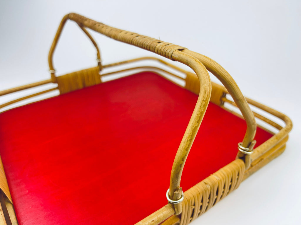 Product image for 'vintage bamboo wicker serving tray with bold red base' (view 1f776f)