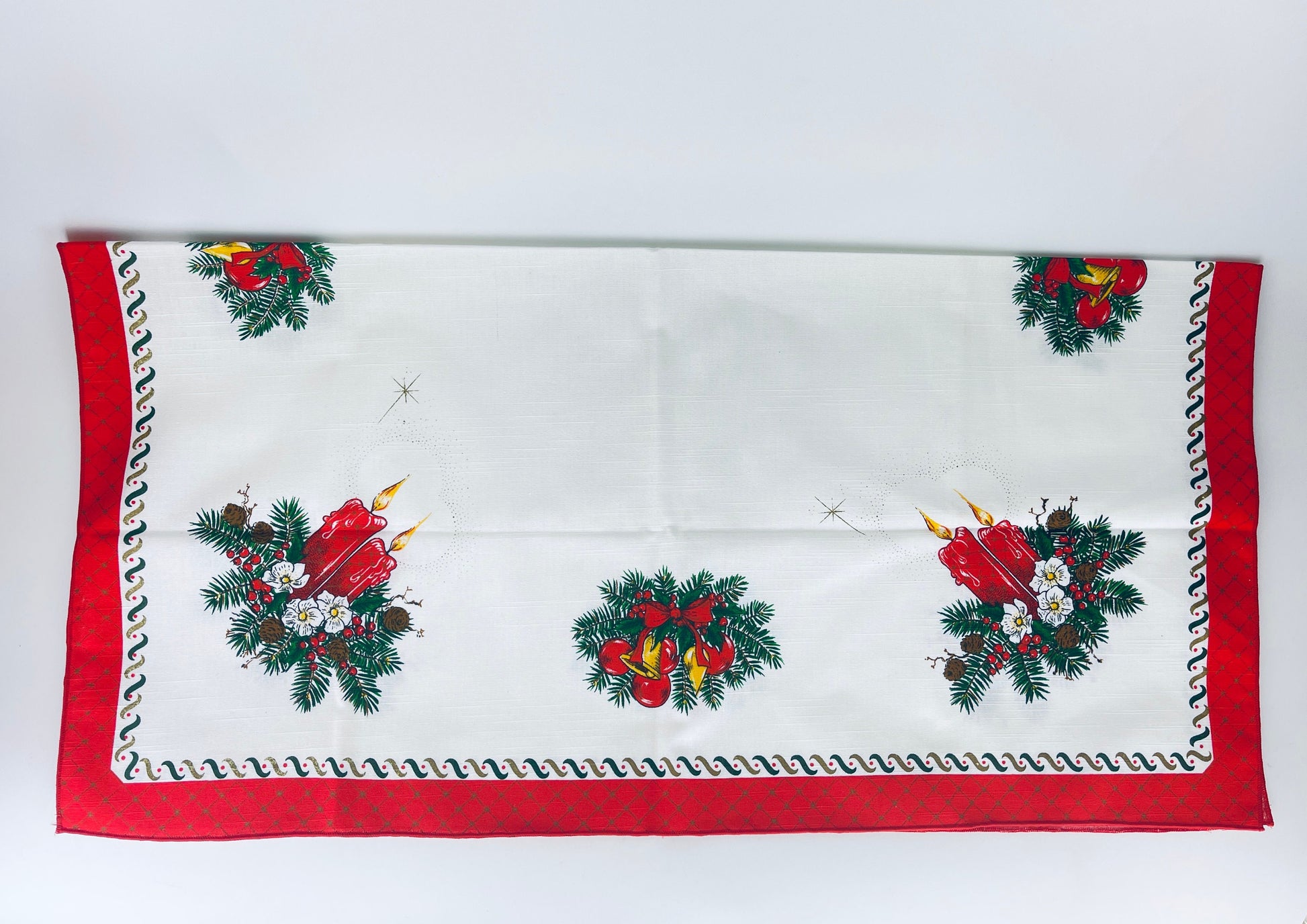 Product image for 'vintage christmas print square table cloth christmas bells ornaments candles 31 x 31 made in brazil by interloom' (view a3292c)