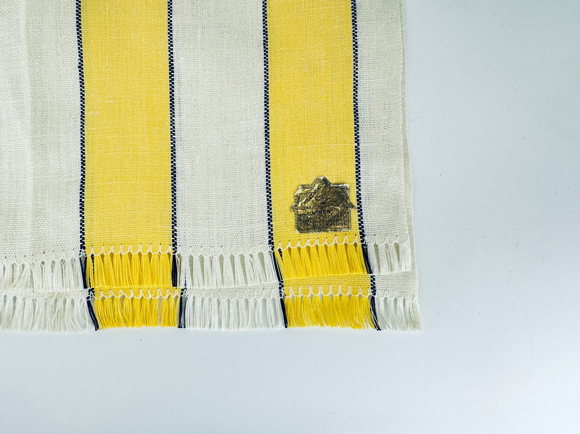 Product image for 'vintage yellow blue beige striped linen tea towel embroidered rooster front made in poland new old stock nos' (view cab718)