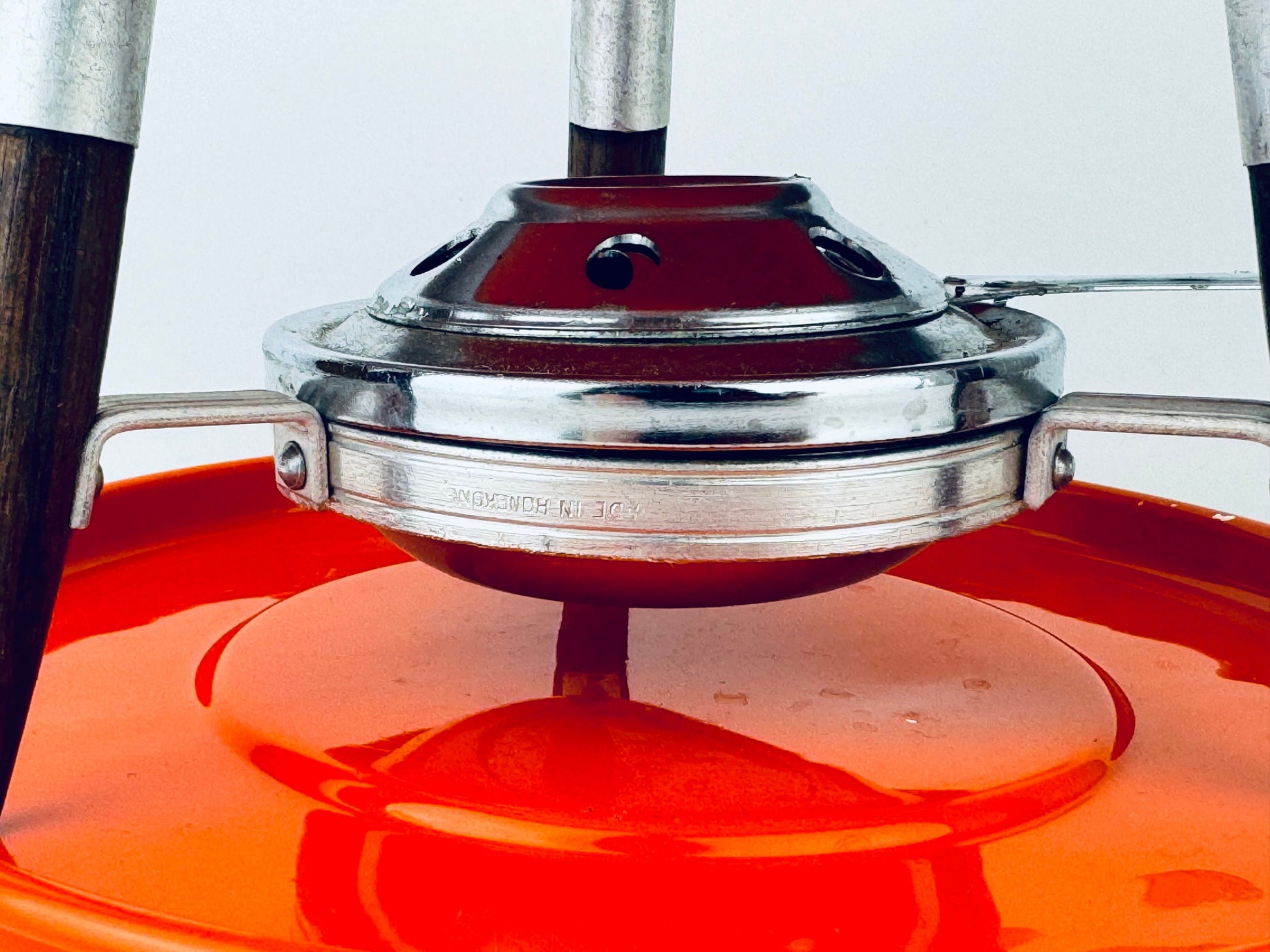 Product image for 'vintage bright orange metal fondue set wood accents made in hong kong' (view f238fb)