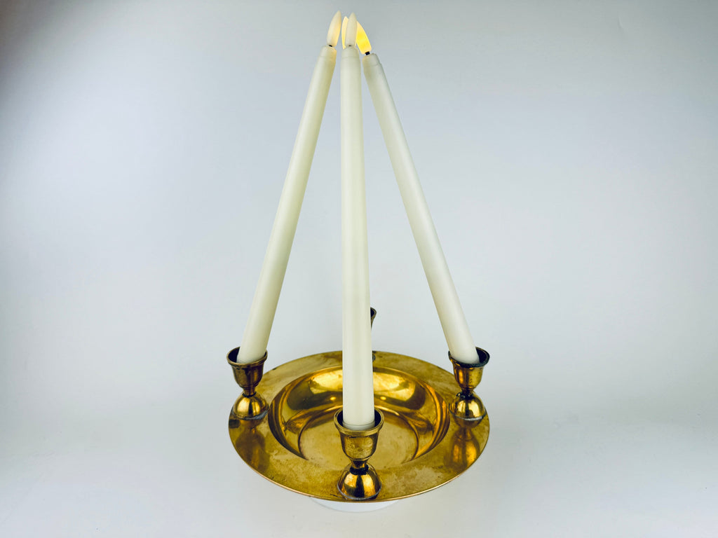 Product image for 'vintage round brass bowl multi candle stick holder centrepiece attractive aged metal patina' (view b620cc)