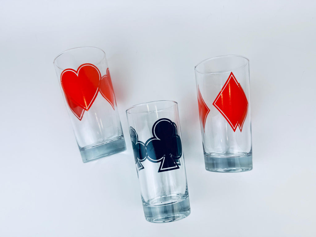 Product image for 'vintage red black playing cards drinking glasses set of three 3 club diamond heart design' (view fa43c2)