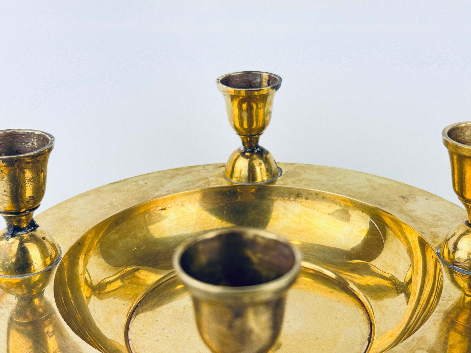 Product image for 'vintage round brass bowl multi candle stick holder centrepiece attractive aged metal patina' (view 072381)