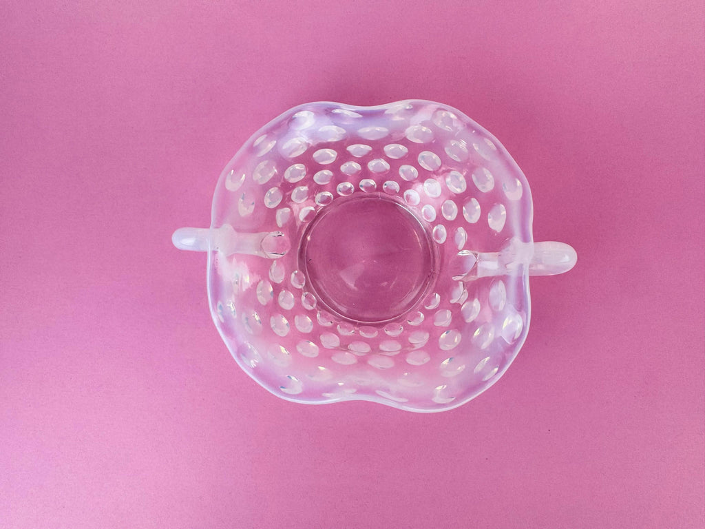 Product image for 'vintage fenton moonstone hobnail glass dish 1940s opalescent ruffled trinket bowl with handles' (view 96ad75)