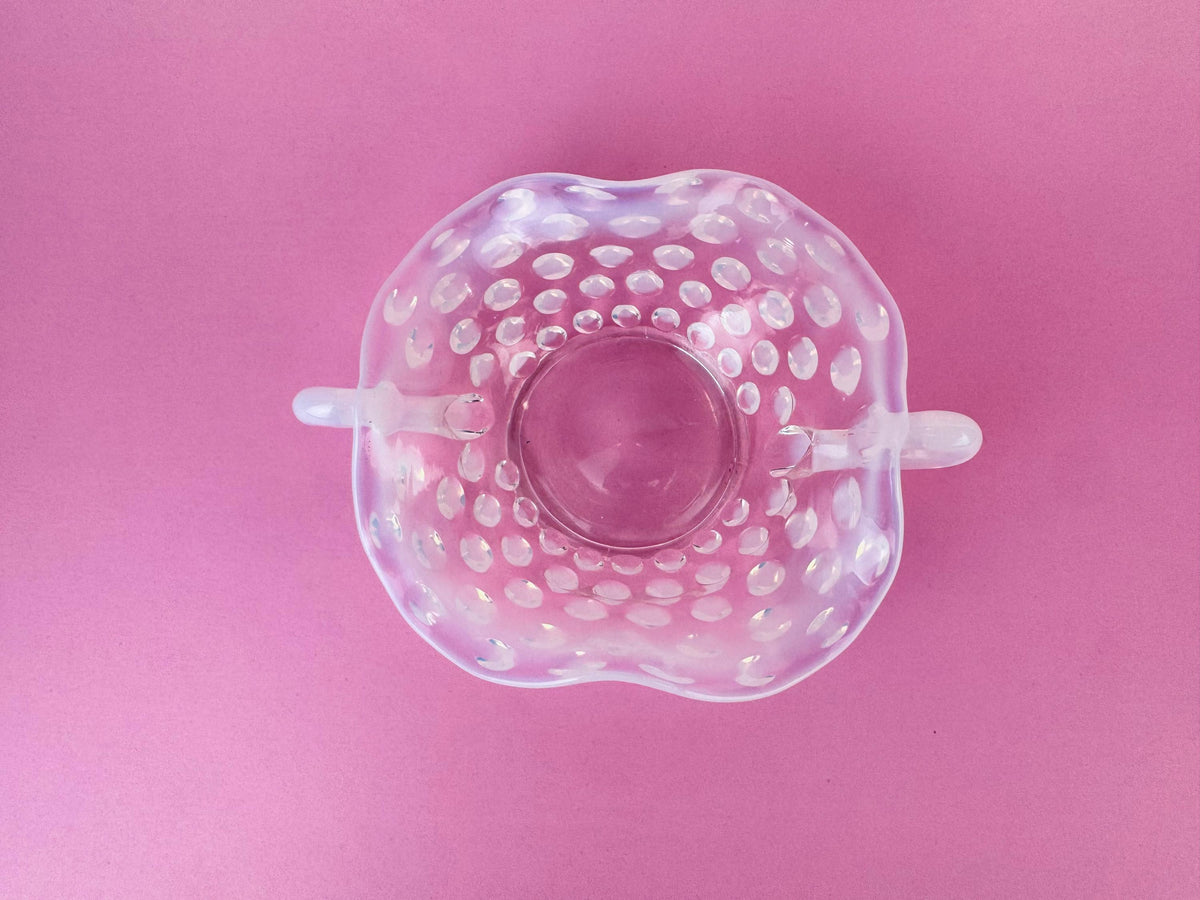 Product image for 'vintage fenton moonstone hobnail glass dish 1940s opalescent ruffled trinket bowl with handles' (view 96ad75)