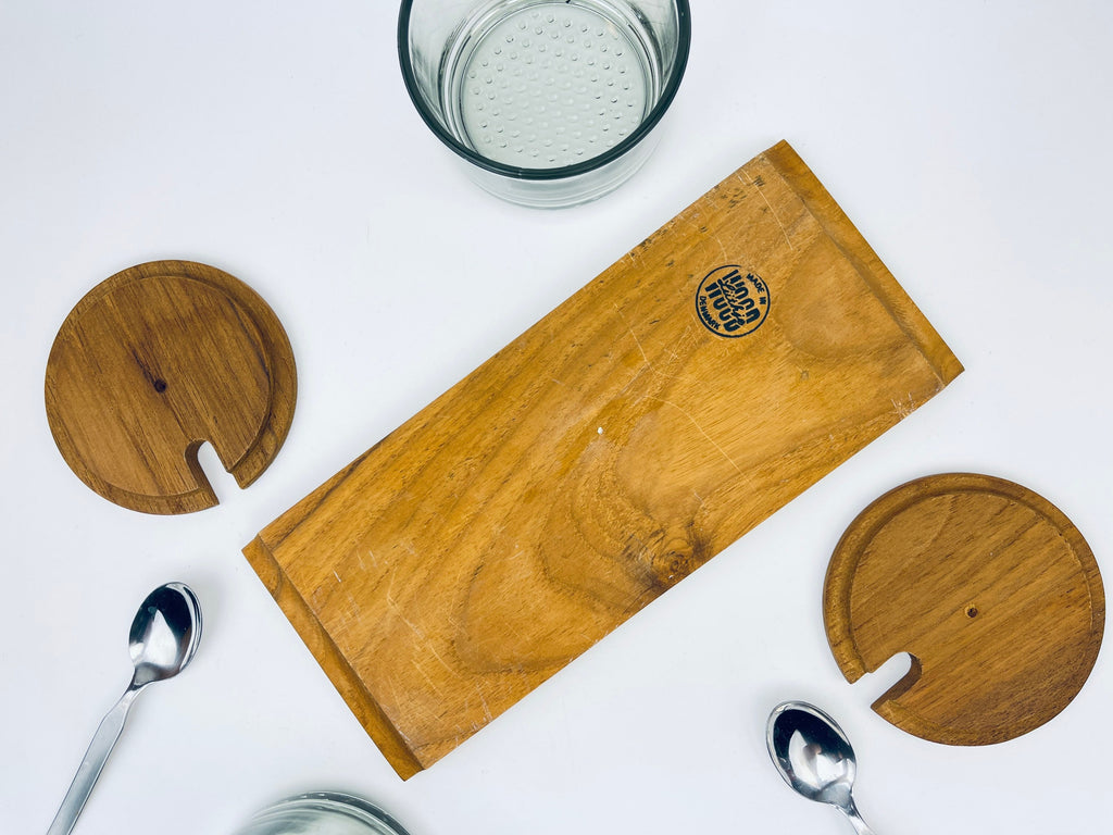 Product image for 'vintage luthje danish preserve set appetizer dinner party serve ware wood tray glass containers made in denmark' (view 13844b)