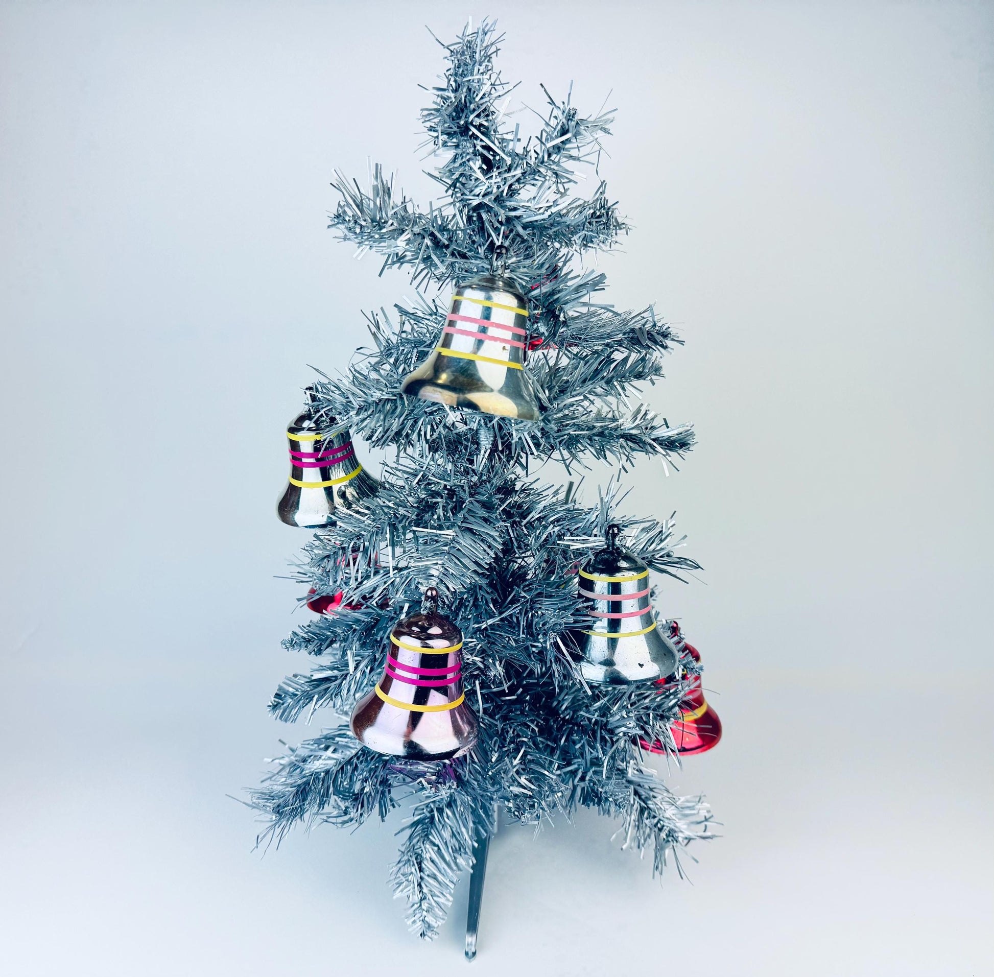 Product image for 'vintage pink silver striped plastic bell christmas tree ornaments set of eight 8' (view 671dfb)