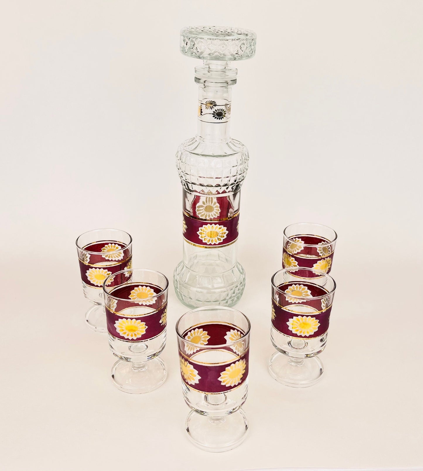 Product image for 'vintage luminarc aperitif decanter set 5 purple sunburst glasses decanter french barware' (view 1a8392)