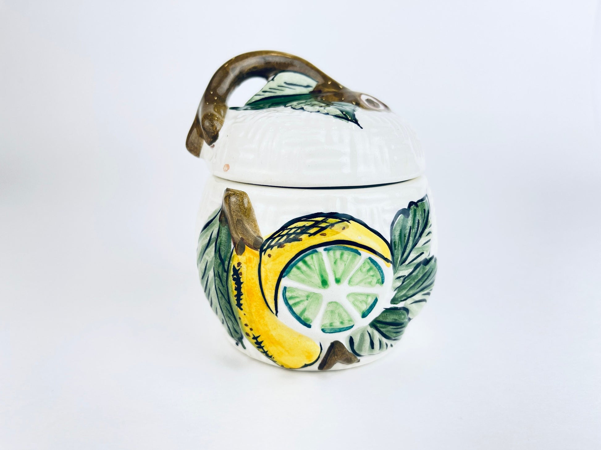 Product image for 'vintage majolica style lemon jar hand painted oal portugal salt sugar or honey pot' (view e11290)