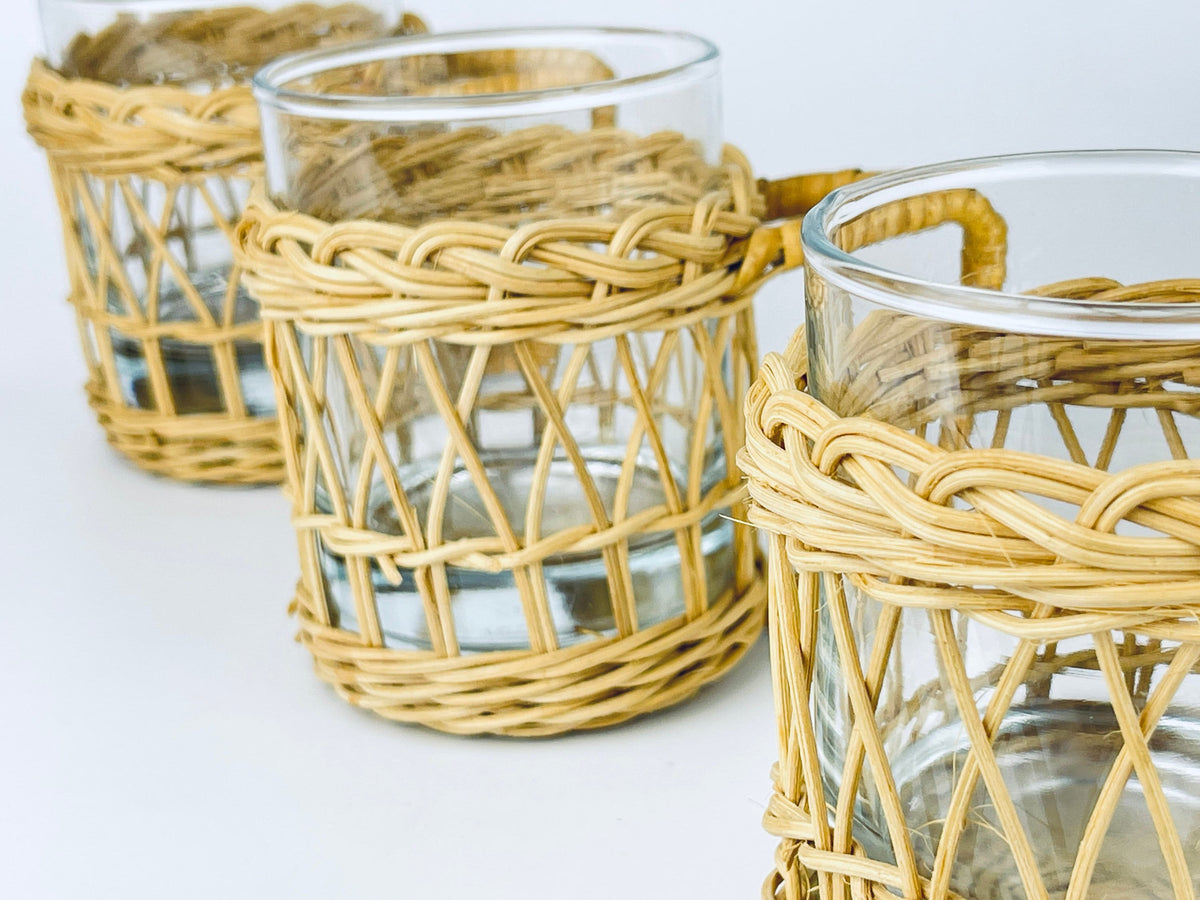 Product image for 'vintage boho woven wicker glass handled cup mugs set of five 5' (view f4e116)