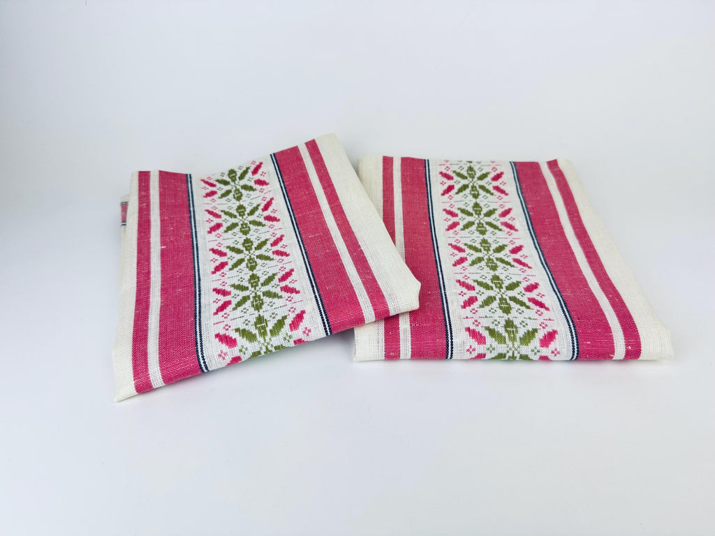 Product image for 'vintage czechoslovakian linen tea towel pink stripes folk motif' (view 3af90a)