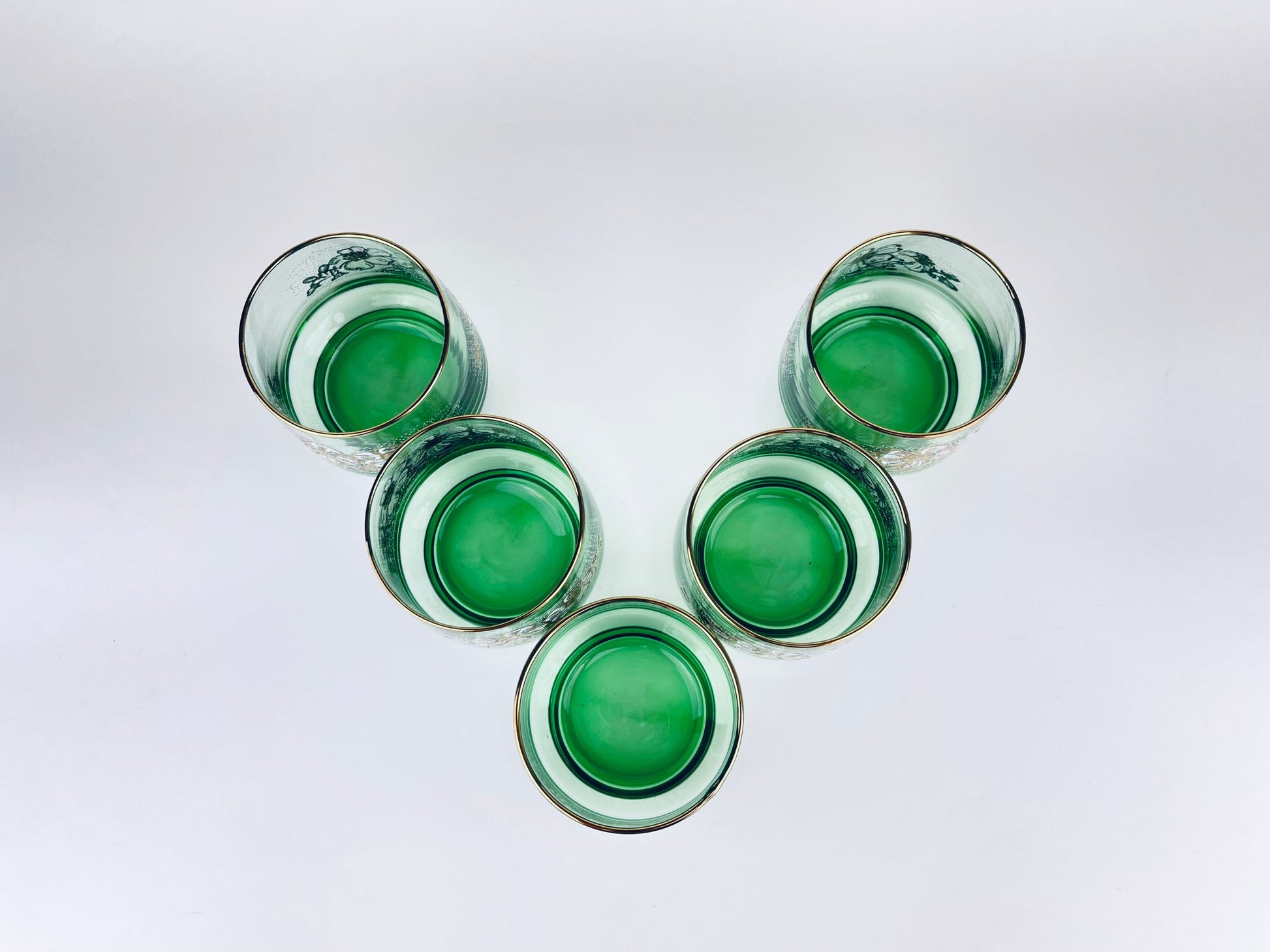 Product image for 'vintage green pedestal lowball glasses set of five 5 gold rimmed top white floral pattern dominion glass company' (view 54f01f)