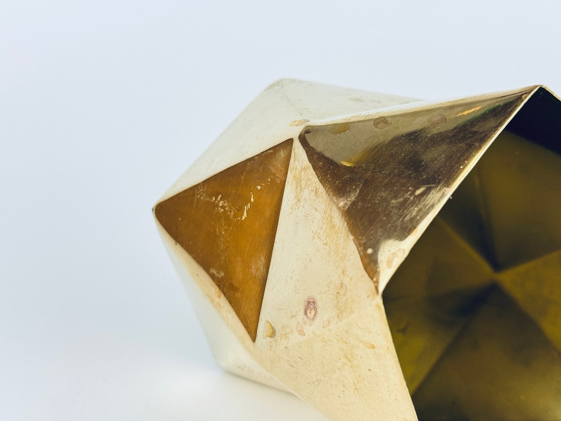 Product image for 'vintage solid brass geometric triangle shape vase attractive aged metal patina' (view eda873)