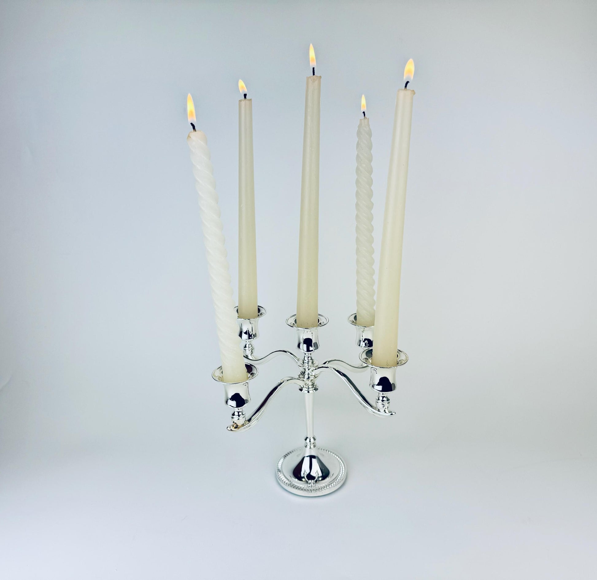 Product image for 'vintage ornate silver plated candelabra candlestick holder green felt bottom made in england' (view 8801d5)