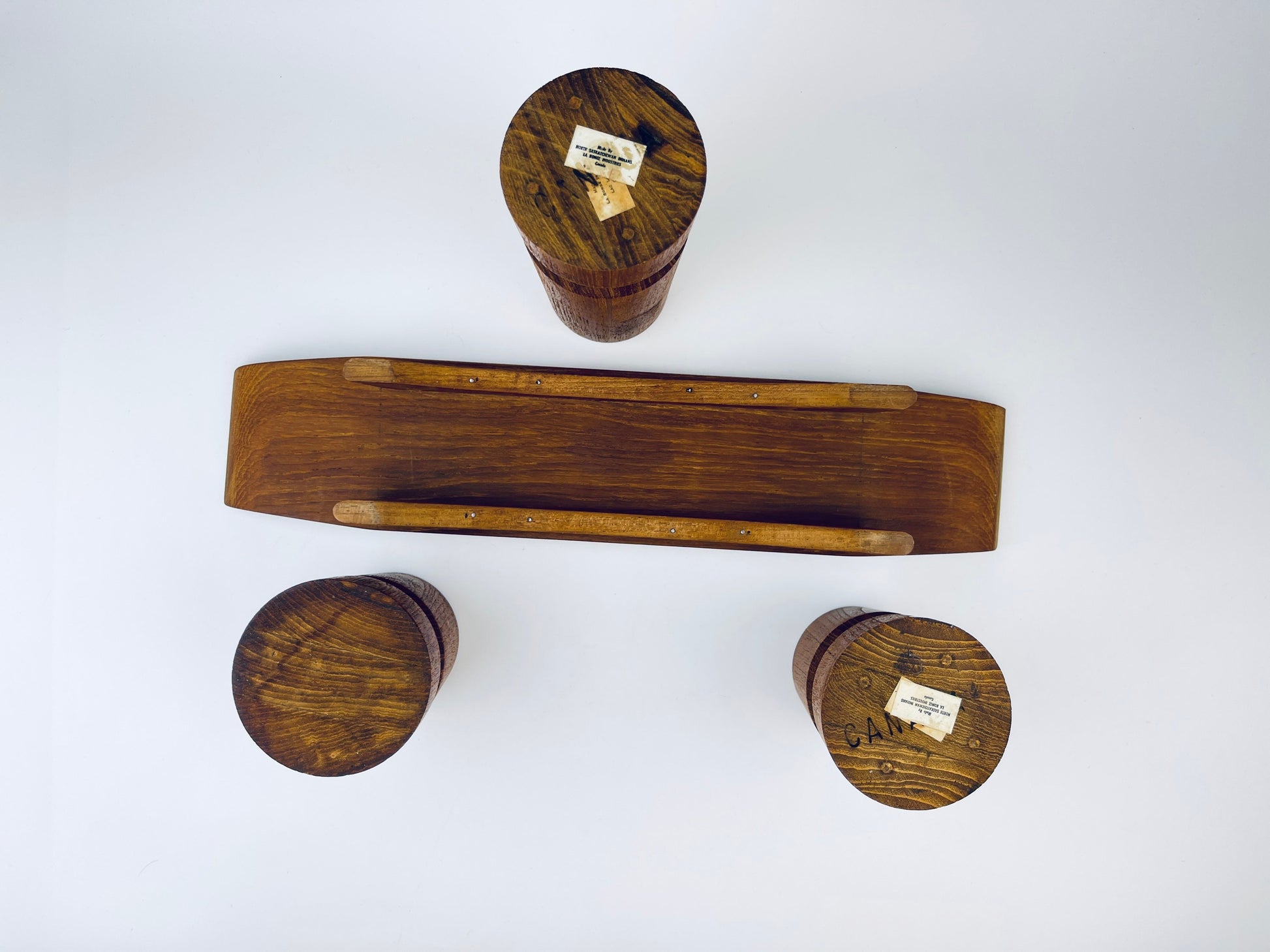 Product image for 'vintage mcm wooden candle holder centrepiece set of three 3 made in canada by north saskatchewan indians la ronge industry' (view f5158d)