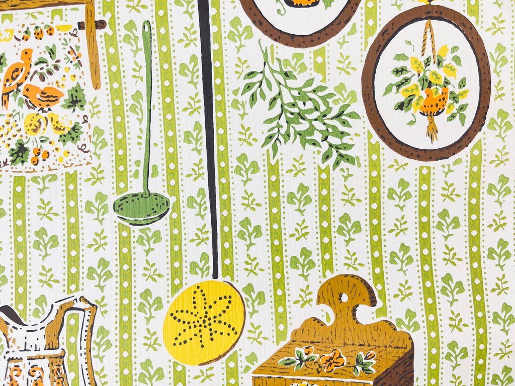 Product image for 'vintage beige green kitchy kitchen wallpaper lightly textured vintage craft project paper upcycle material' (view ce357c)