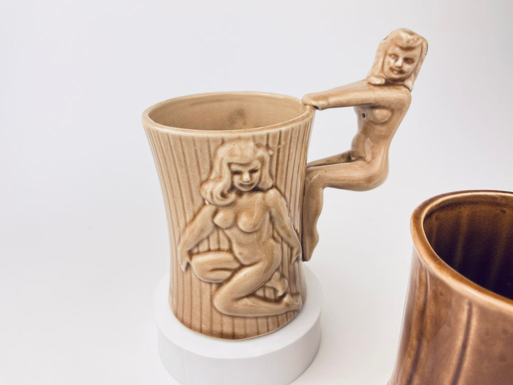 Product image for 'vintage risque nude woman barrel shaped brown ceramic mug sold individually groomsmen barware gift made in japan' (view bbd6ac)