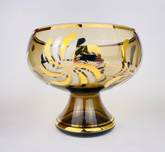 Product image for 'vintage bohemian footed glass compote bowl smokey gold art glass with floral motif made in czechoslovakia' (view 1c8838)