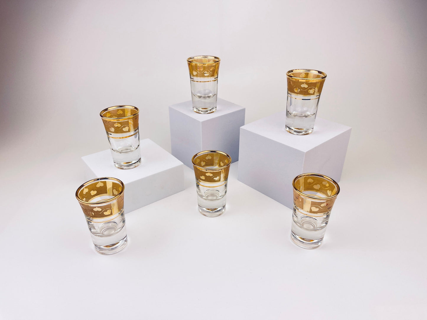 Product image for 'vintage gold heart tapered shot glasses set of six 6' (view 3b9bef)
