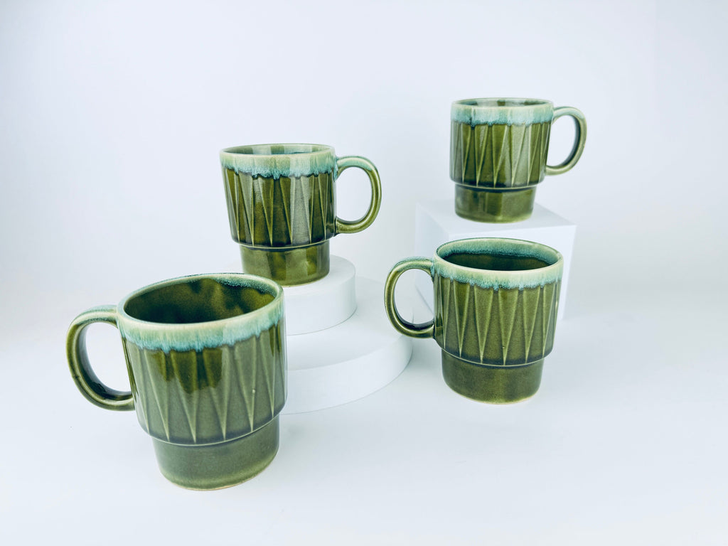 Product image for 'vintage green beige geometric drip glazed ceramic coffee tea mugs set of four 4 sets sold separately made in japan' (view 71cab9)