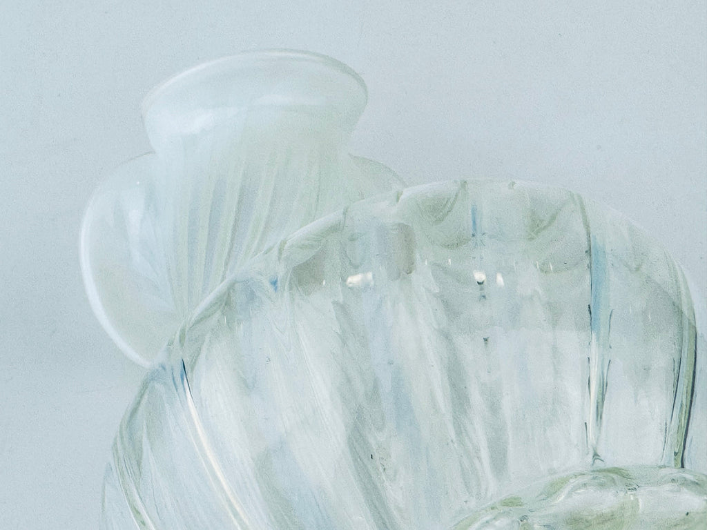 Product image for 'vintage white striped opalescent vaseline glass vase ruffled edge top' (view a53a40)