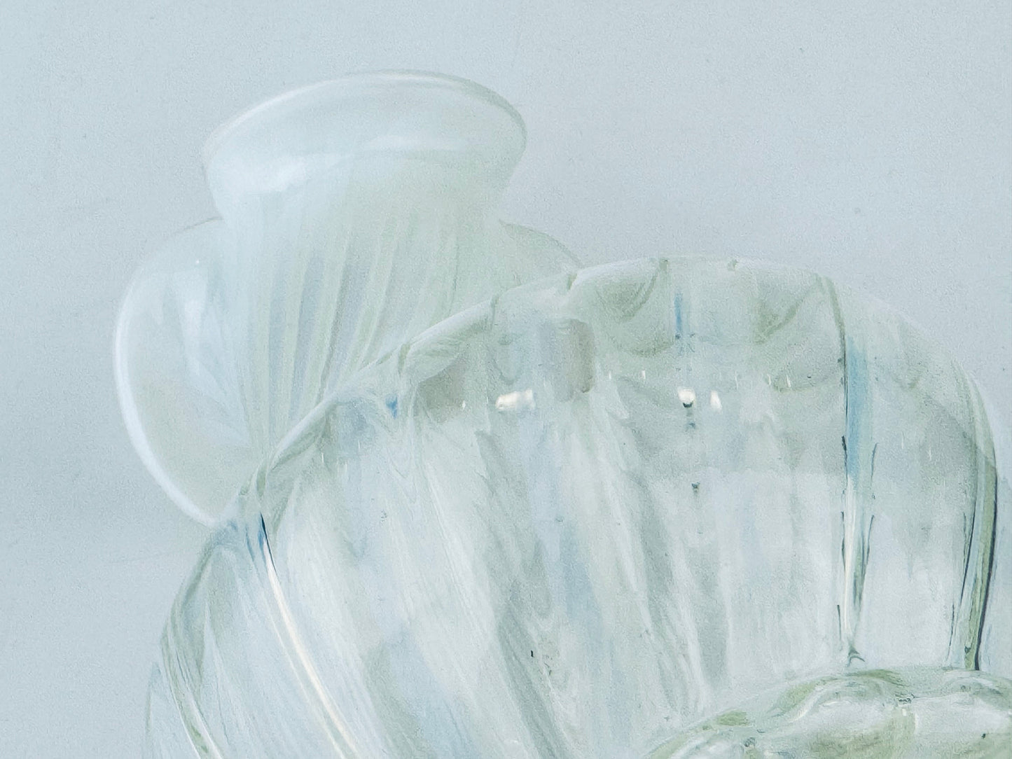Product image for 'vintage white striped opalescent vaseline glass vase ruffled edge top' (view a53a40)
