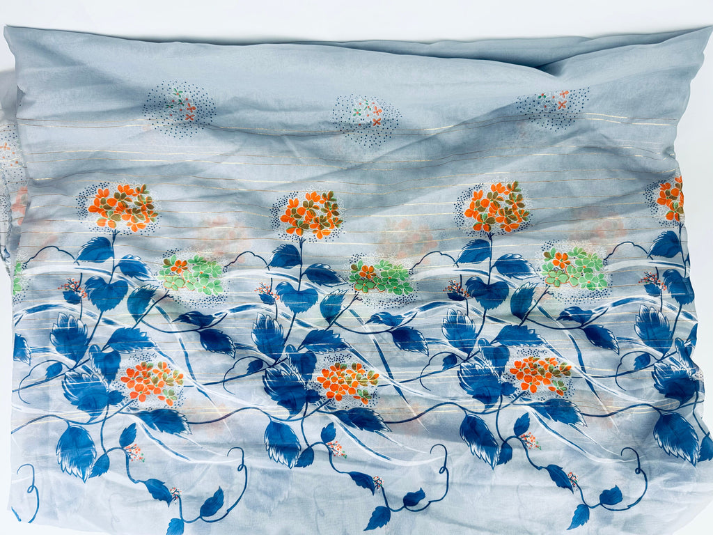 Product image for 'vintage grey lightweight sheer asian floral print metallic striped crepe fabric by lady hamilton 44 x 208 made in japan' (view 50c502)
