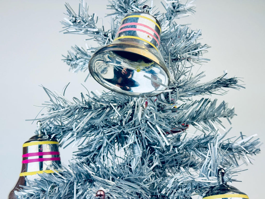 Product image for 'vintage pink silver striped plastic bell christmas tree ornaments set of eight 8' (view c0d1b9)