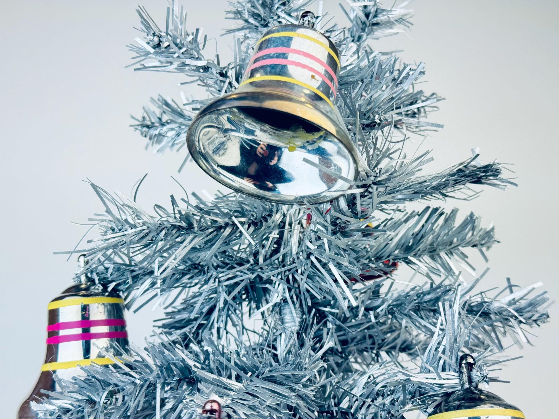 Product image for 'vintage pink silver striped plastic bell christmas tree ornaments set of eight 8' (view c0d1b9)