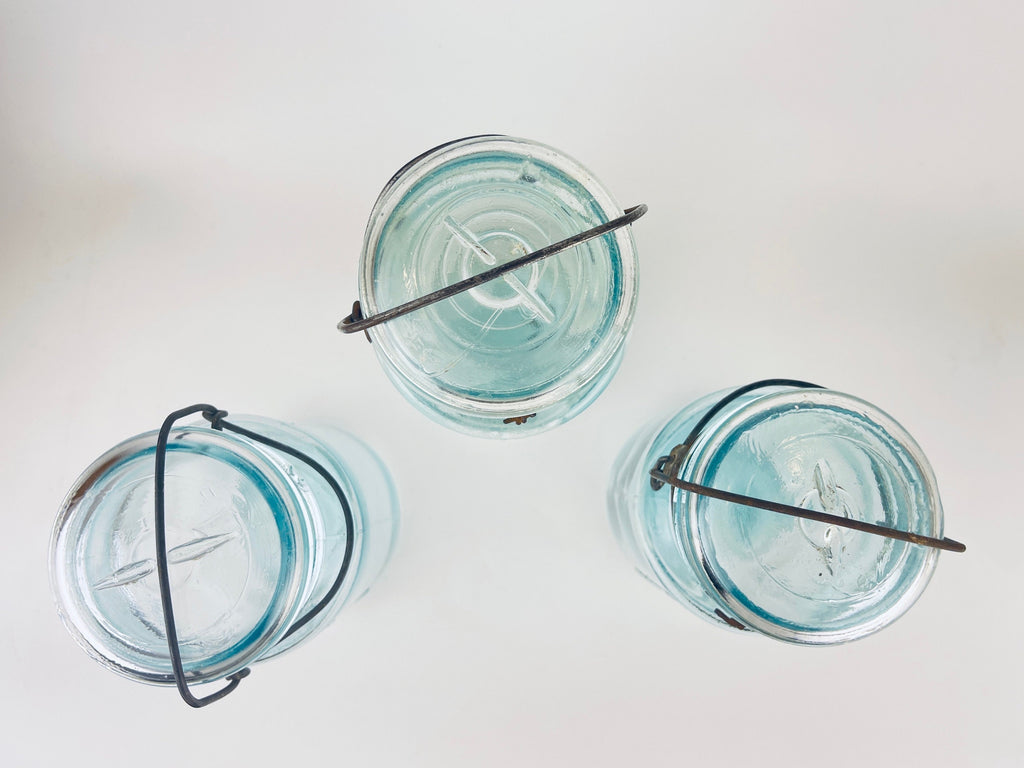 Product image for 'antique safety seal wide mouth aqua blue glass jar 2 pint capacity lightning metal hinge clasp made in canada sold separately 1' (view 2977e3)