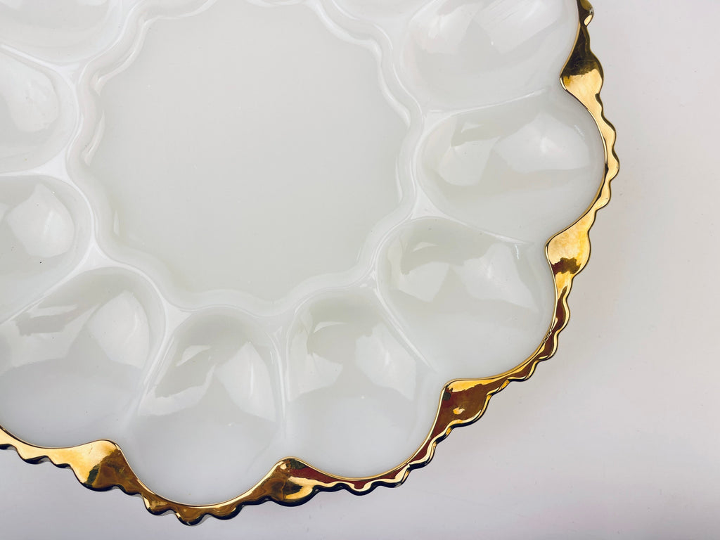 Product image for 'vintage devilled egg plate anchor hocking white milk glass ruffled scalloped gold rimmed edge' (view e5d880)