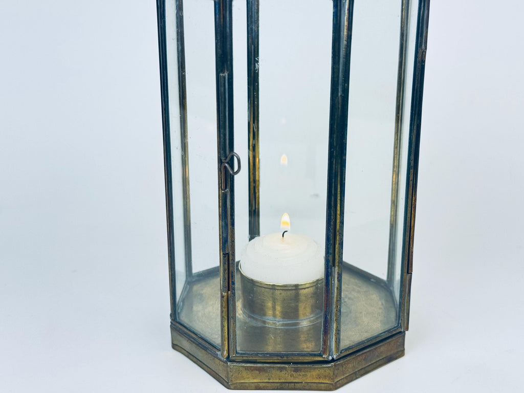 Product image for 'vintage brass glass double door display curio candleholder attractive aged brass patina' (view f86517)