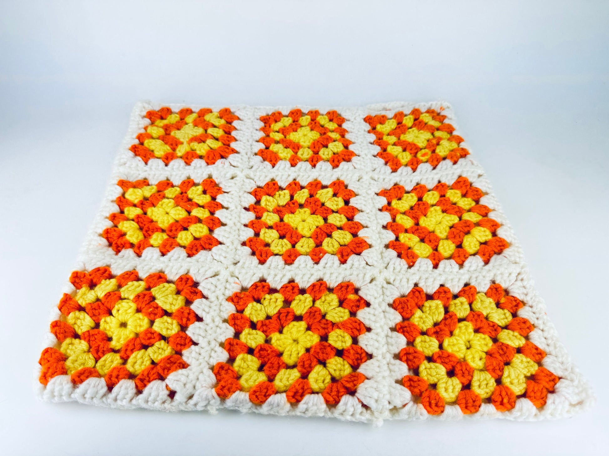 Product image for 'vintage handmade crocheted granny square accent pillow cover sham 14 x 14 orange yellow floral square' (view 254353)