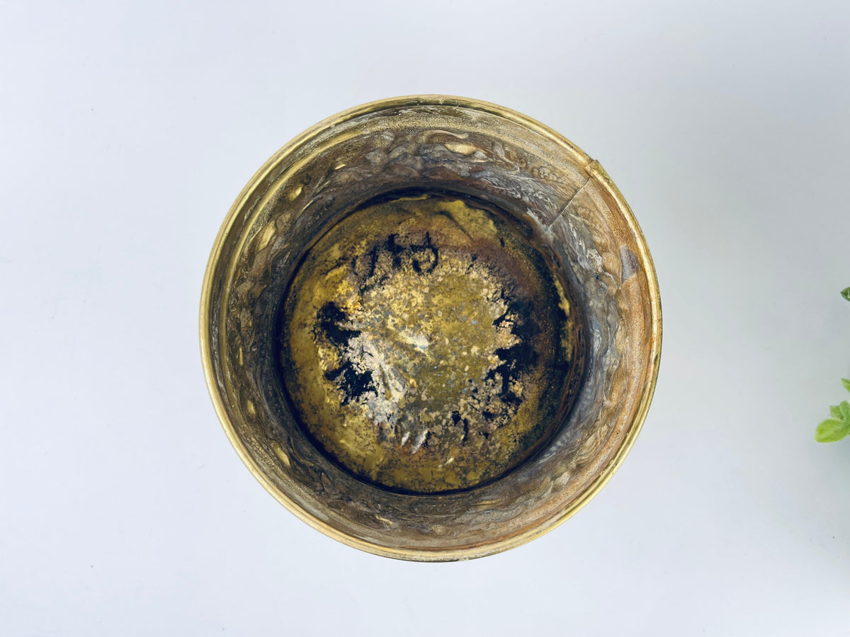 Product image for 'vintage embossed textured floral rose brass tub planter attractive aged metal patina made in england' (view b2494d)