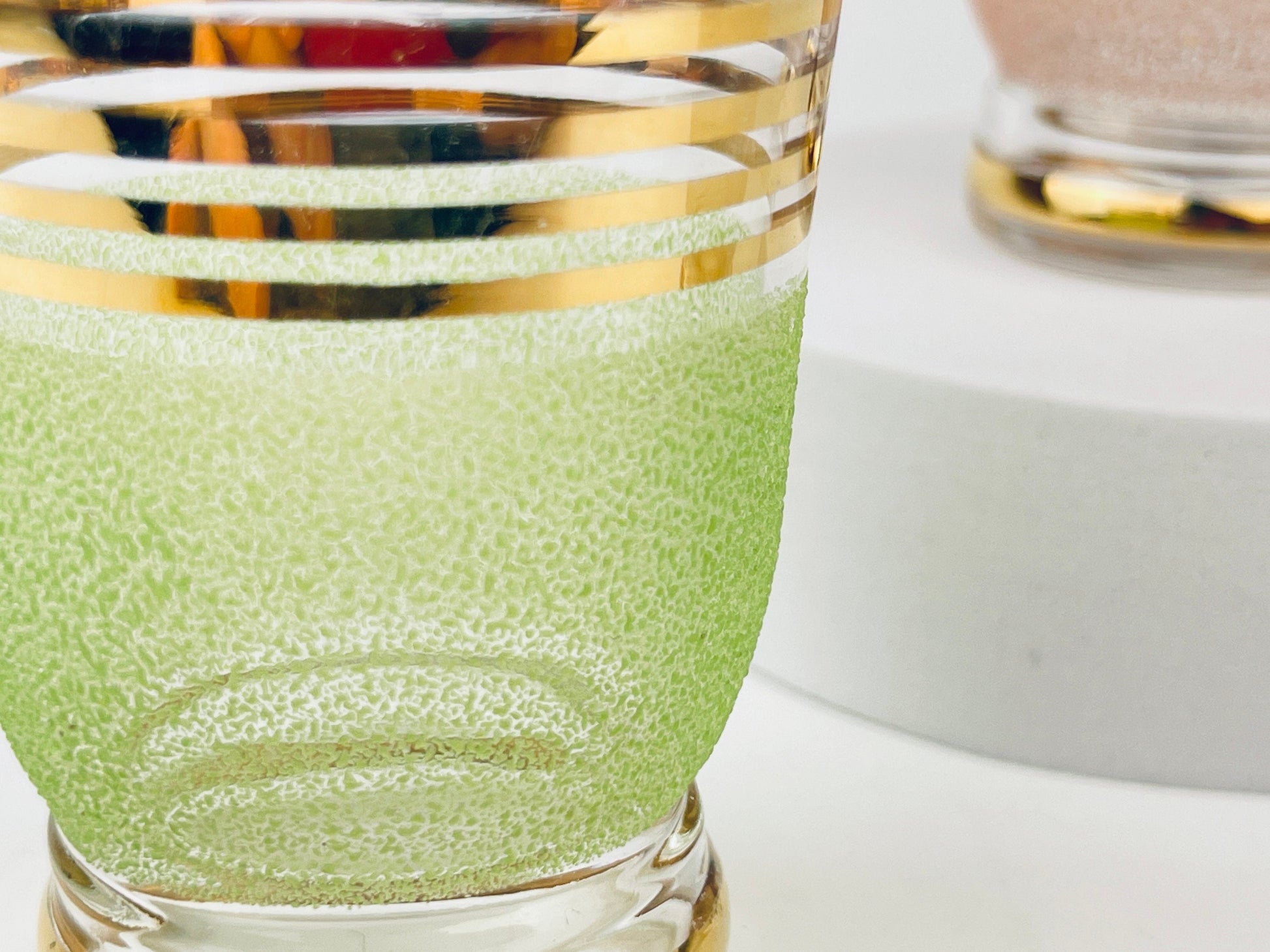 Product image for 'vintage gold striped sugar coated drinking shot glasses set of three 3 pink green white' (view 9942db)