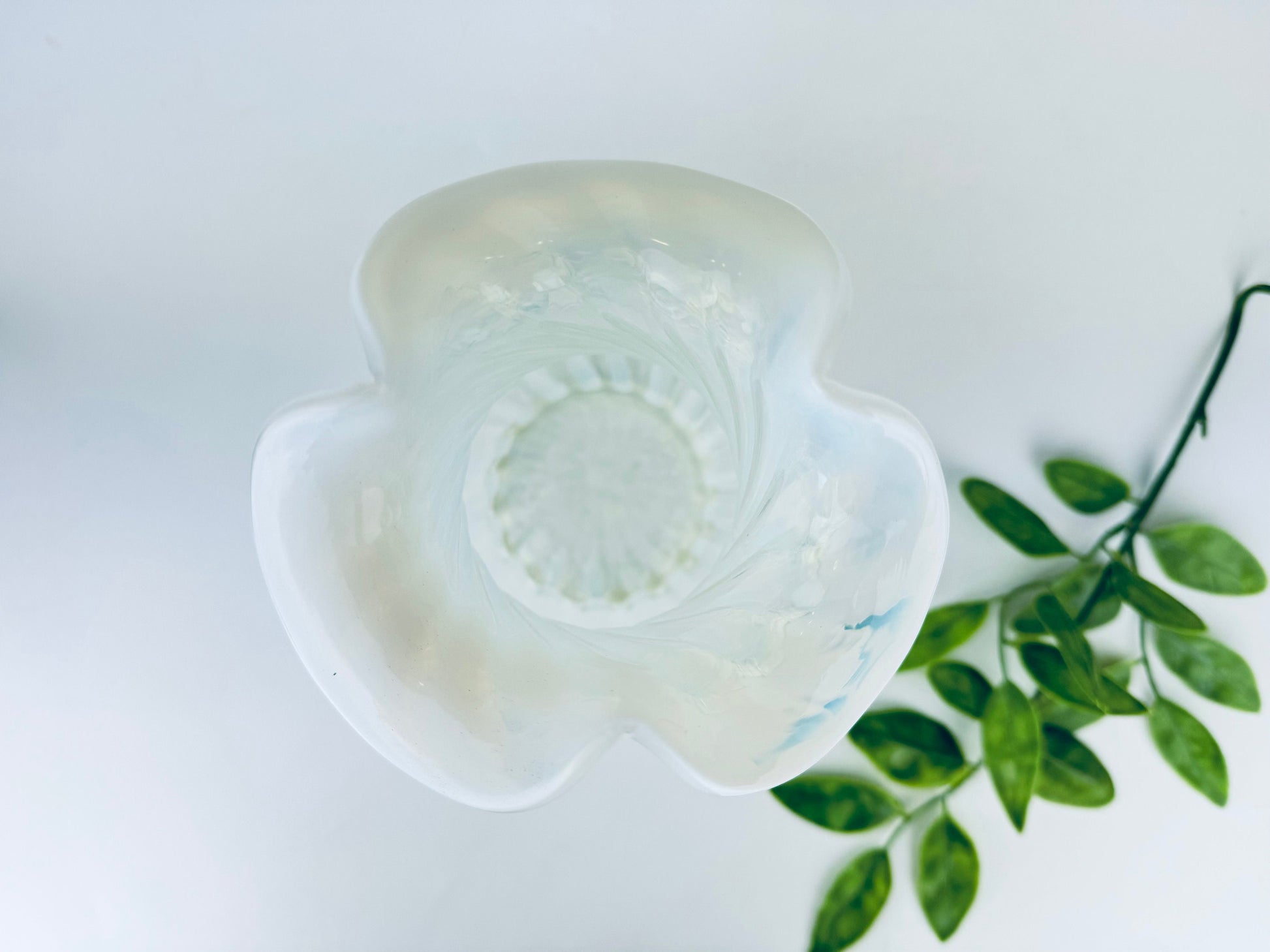 Product image for 'vintage white striped opalescent vaseline glass vase ruffled edge top' (view f9fc5c)