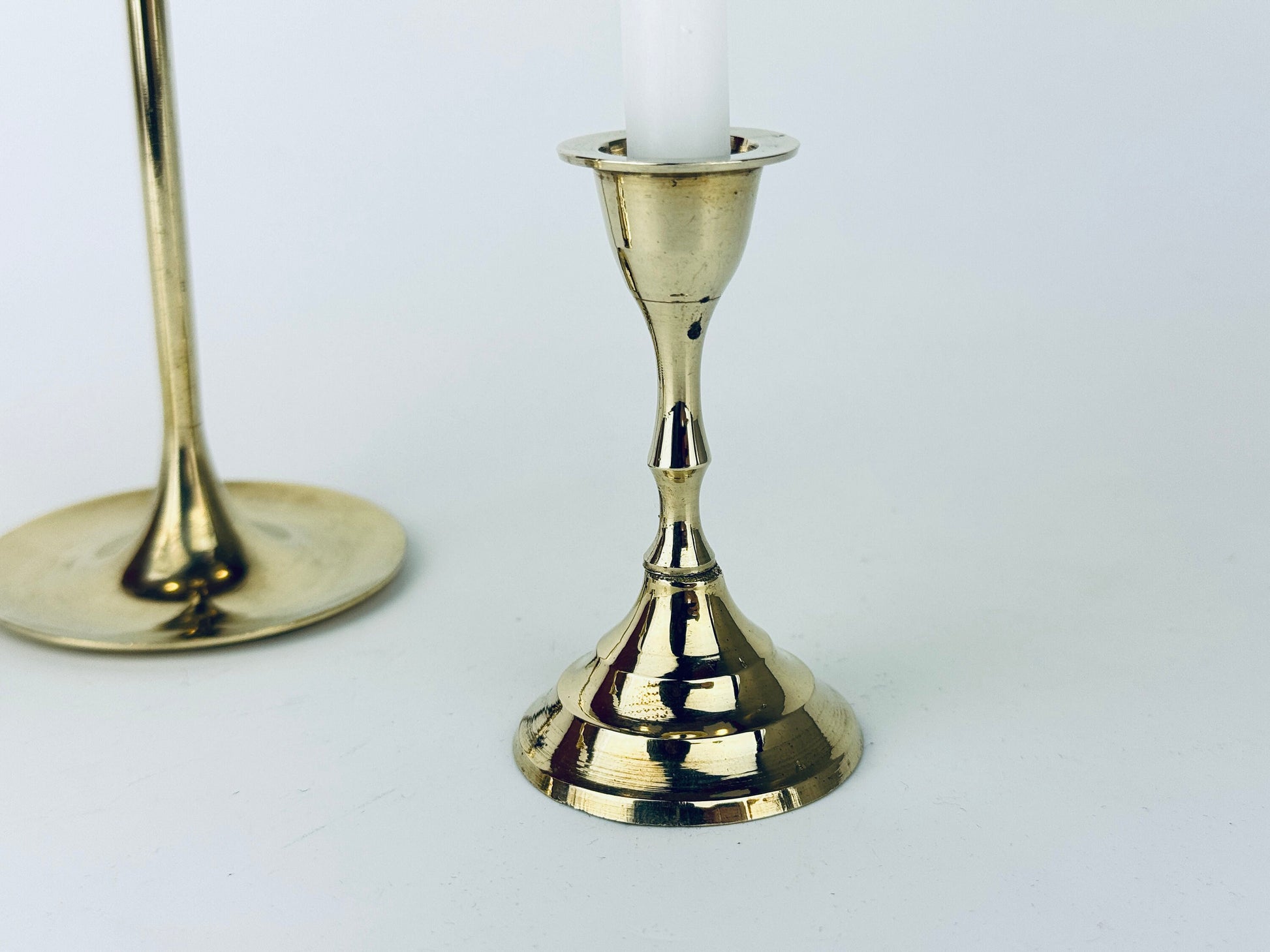Product image for 'vintage tabletop brass small mini spell prayer candle stick holders mixed lot of three 3 attractive aged metal patina' (view e894c8)