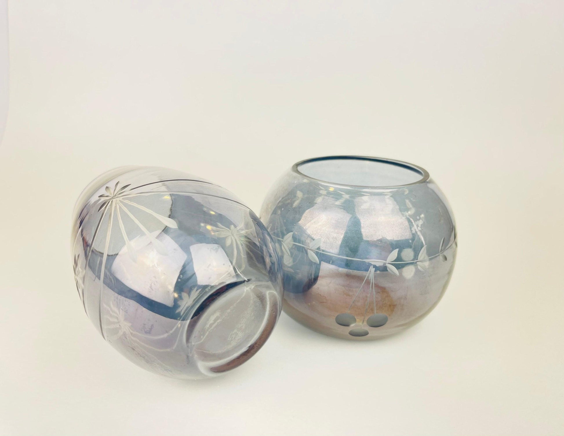 Product image for 'vintage smokey blue etched glass votive candle holder duo mid century elegance' (view dc7079)