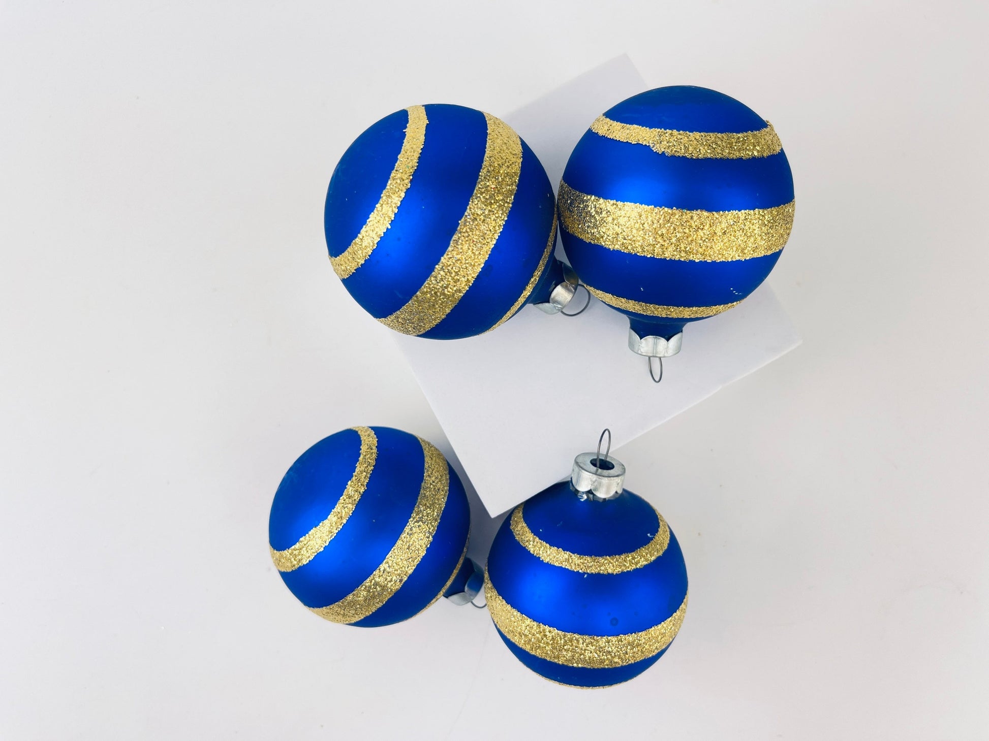 Product image for 'vintage blue gold striped glass christmas tree ornaments set of four 4 made in german democratic republic' (view 16a159)
