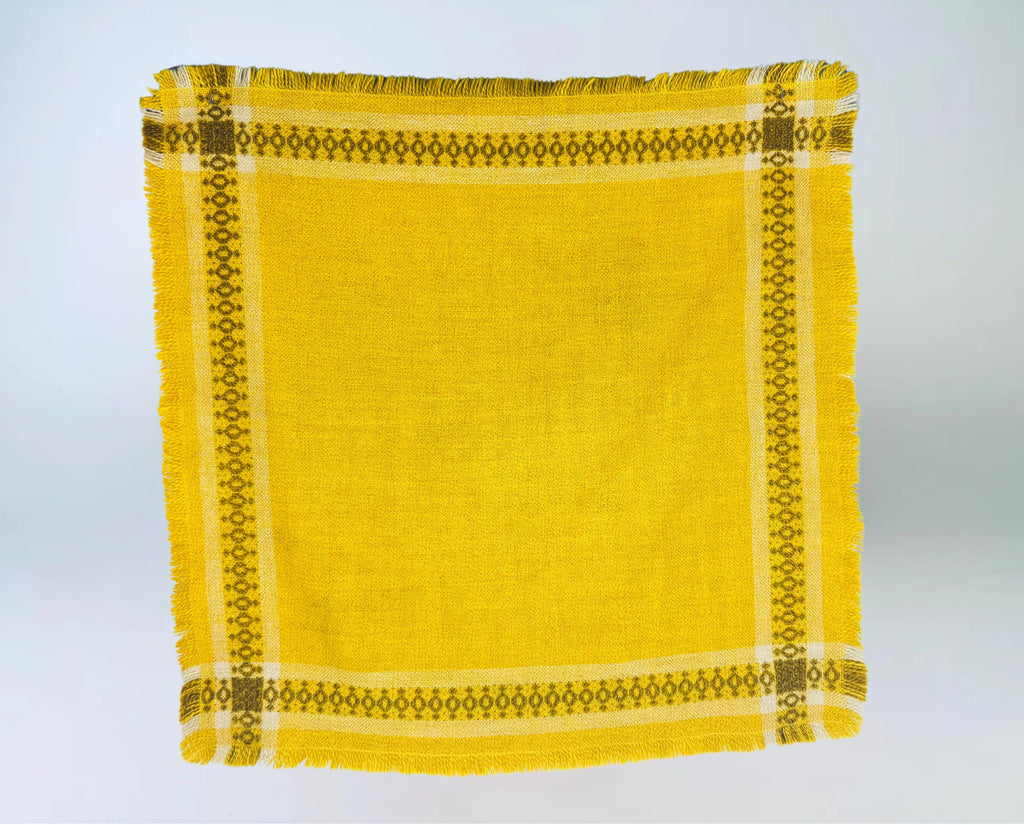 Product image for 'vintage embroidered bright yellow brown white geometric pattern fringe square table cloth' (view 06f59f)