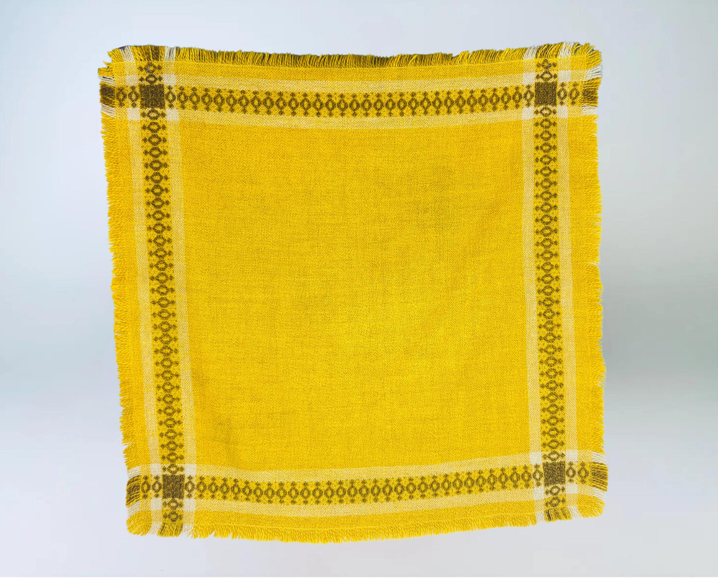 Product image for 'vintage embroidered bright yellow brown white geometric pattern fringe square table cloth' (view 06f59f)