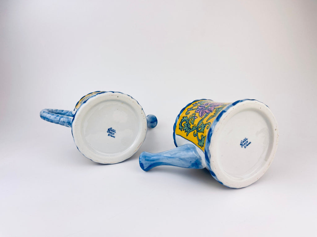 Product image for 'vintage hand painted blue yellow floral print ceramic watering can pot with handle rope handle bella case by ganz sold separately' (view fafaf1)