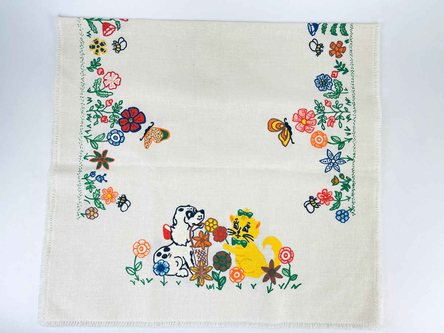 Product image for 'vintage hand painted beige floral animal print linen table runner centrepiece fringe edge' (view b1f658)