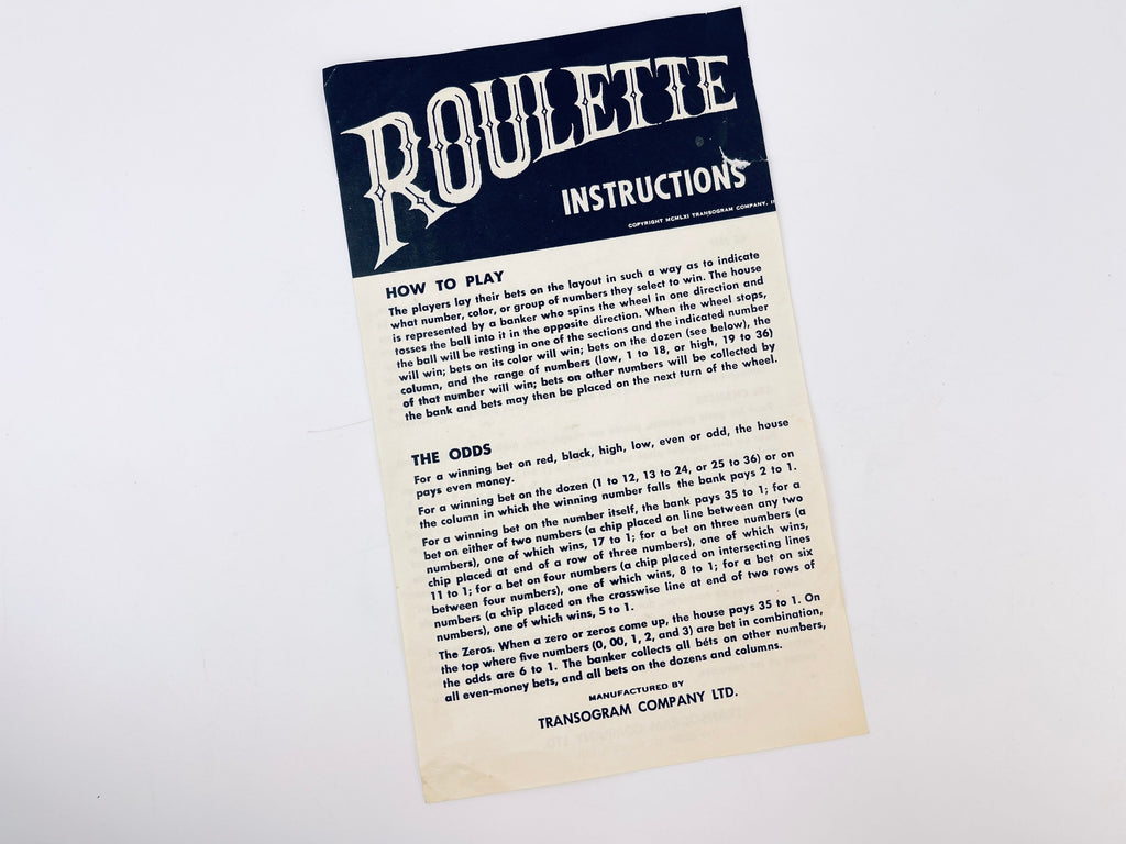 Product image for 'vintage roulette board game made in canada by transogram instructions en francis a linterieur' (view 615123)
