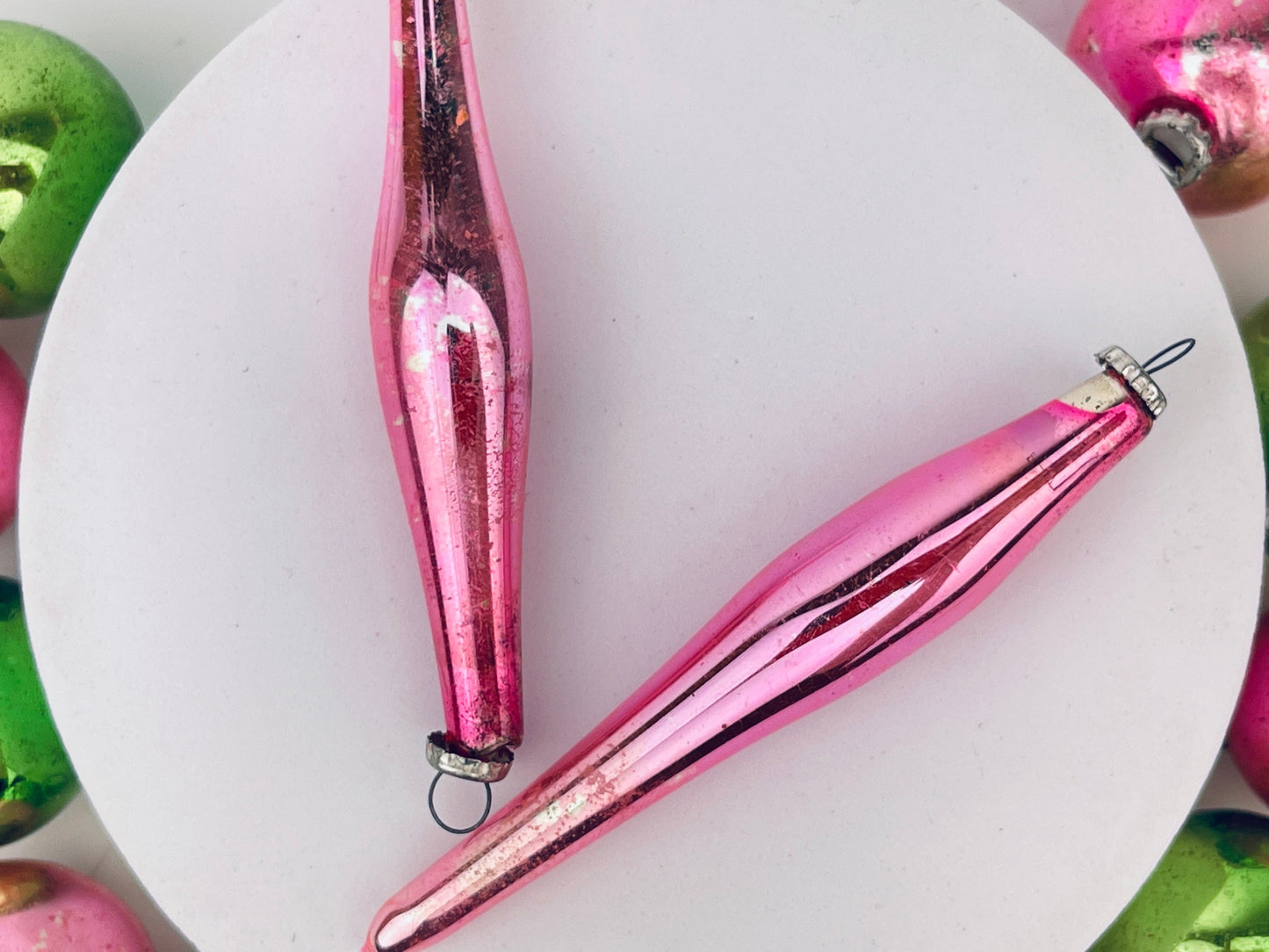 Product image for 'vintage mini pink green glass christmas ornaments set of 14 round icicle 1950s' (view c8cac7)
